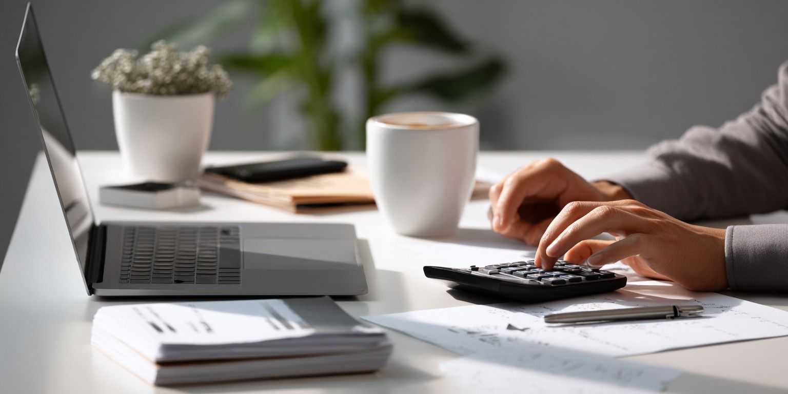 Person gibt Zahlen am Laptop und Taschenrechner an einem modernen Schreibtisch ein, neben Kaffeetasse und Unterlagen – minimalistischer Arbeitsplatz.