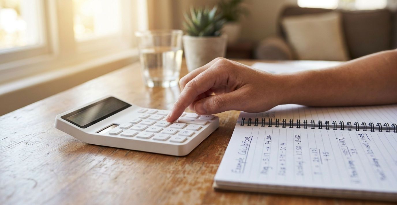 Nahaufnahme einer Person, die mit Taschenrechner und Notizbuch verschiedene Praxisbeispiele zum Gewinnfreibetrag berechnet.