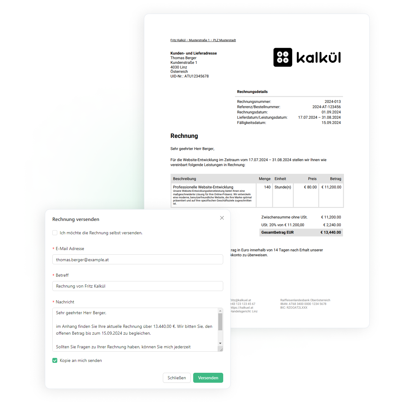 Screenshot einer Rechnung (PDF) mit Versenden-Dialog in der Software von kalkül