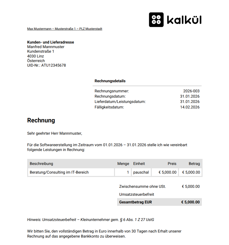 Rechnung für Kleinunternehmer aus Österreich ohne Umsatzsteuer mit Hinweis auf § 6 Abs. 1 Z 27 UStG
