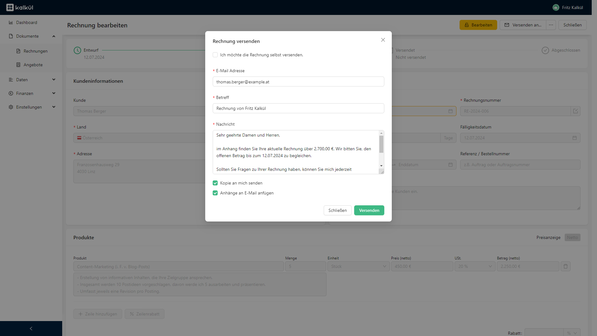 Screenshot des Versanddialoges einer Rechnung in kalkül