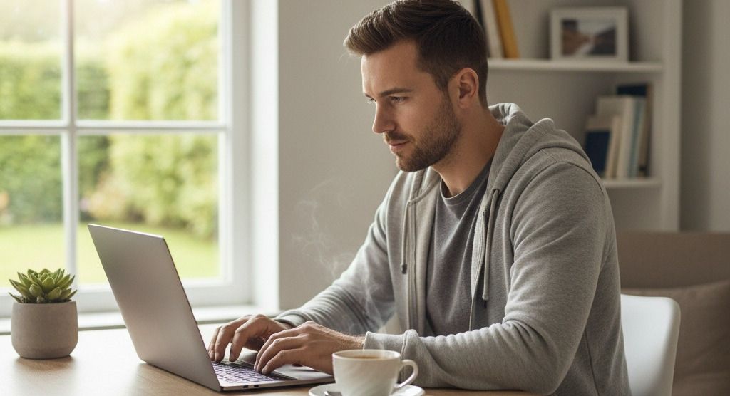 Ein Freelancer oder Kleinunternehmer arbeitet konzentriert an seinem Laptop in einem hellen, aufgeräumten Heimbüro, mit einer Tasse Kaffee und einer Pflanze auf dem Schreibtisch, was eine entspannte Arbeitsatmosphäre symbolisiert.