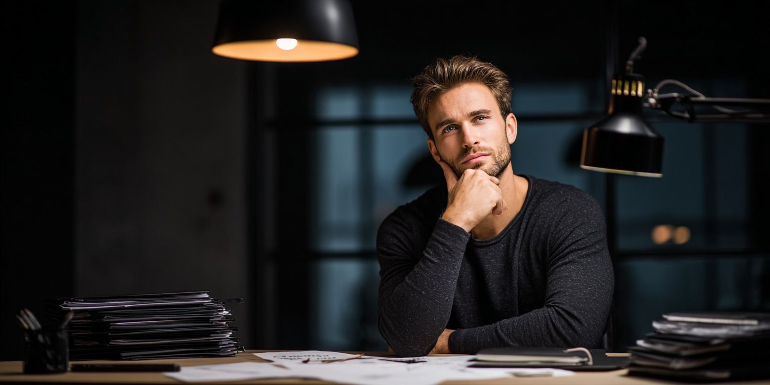 Nachdenklicher selbständiger Mann sitzt am Schreibtisch mit schwarzen Ordnern und einem zerrissenen Zettel – Symbolbild für Büroarbeit und Selbstständigkeit.