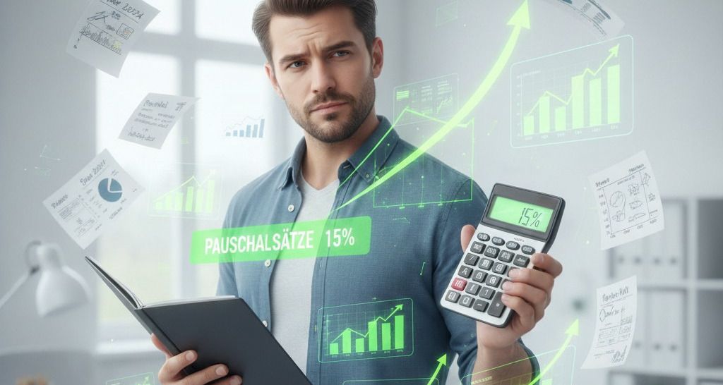 Ein Mann hält einen Taschenrechner und ein Notizbuch, umgeben von schwebenden Diagrammen und Dokumenten, wobei der Taschenrechner '15%' anzeigt und ein Schriftzug 'PAUSCHALSÄTZE 15%' hervorhebt, symbolisiert steigende Pauschalsätze und Finanzplanung.