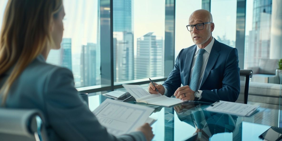 Ein Steuerberater im Anzug vergleicht zwei Dokumente mit seiner Kundin in einem modernen Büro. Der Berater ist ein älterer Mann mit Brille, die Kundin eine Frau mittleren Alters. Beide sitzen an einem eleganten Glastisch. Das Büro hat große Fenster mit Stadtblick und eine helle, professionelle Atmosphäre mit natürlichem Licht.