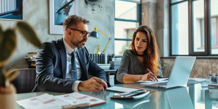 Steuerberater berechnet mit Klientin in modernem Büro. Beide sitzen an einem Glastisch mit Laptop, Dokumenten und Taschenrechner. Stilvolles Büro mit Kunst und Stadtblick.