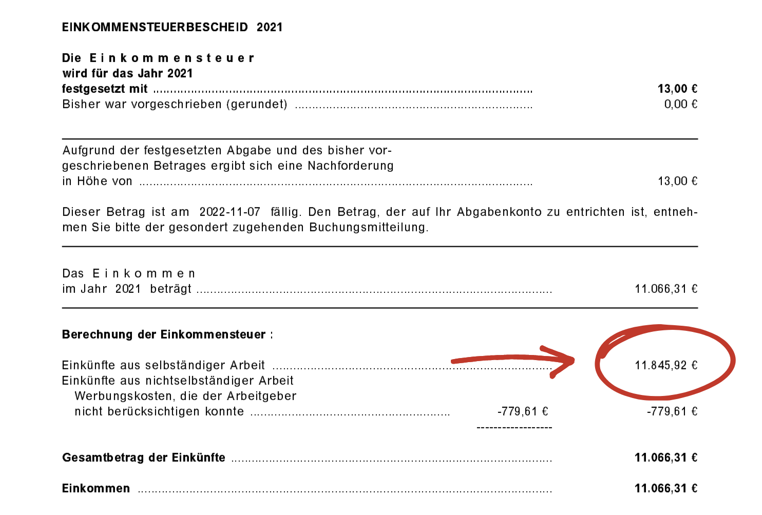 Einkommensteuerbescheid mit dem Einkommen bzw. den Einkünften hervorgehoben.