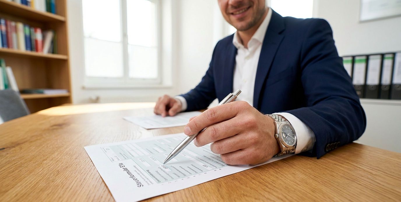 Souveräner Experte im Anzug am Computer mit Übersicht über die Online-Steuererklärung und Belege für den Gewinnfreibetrag.