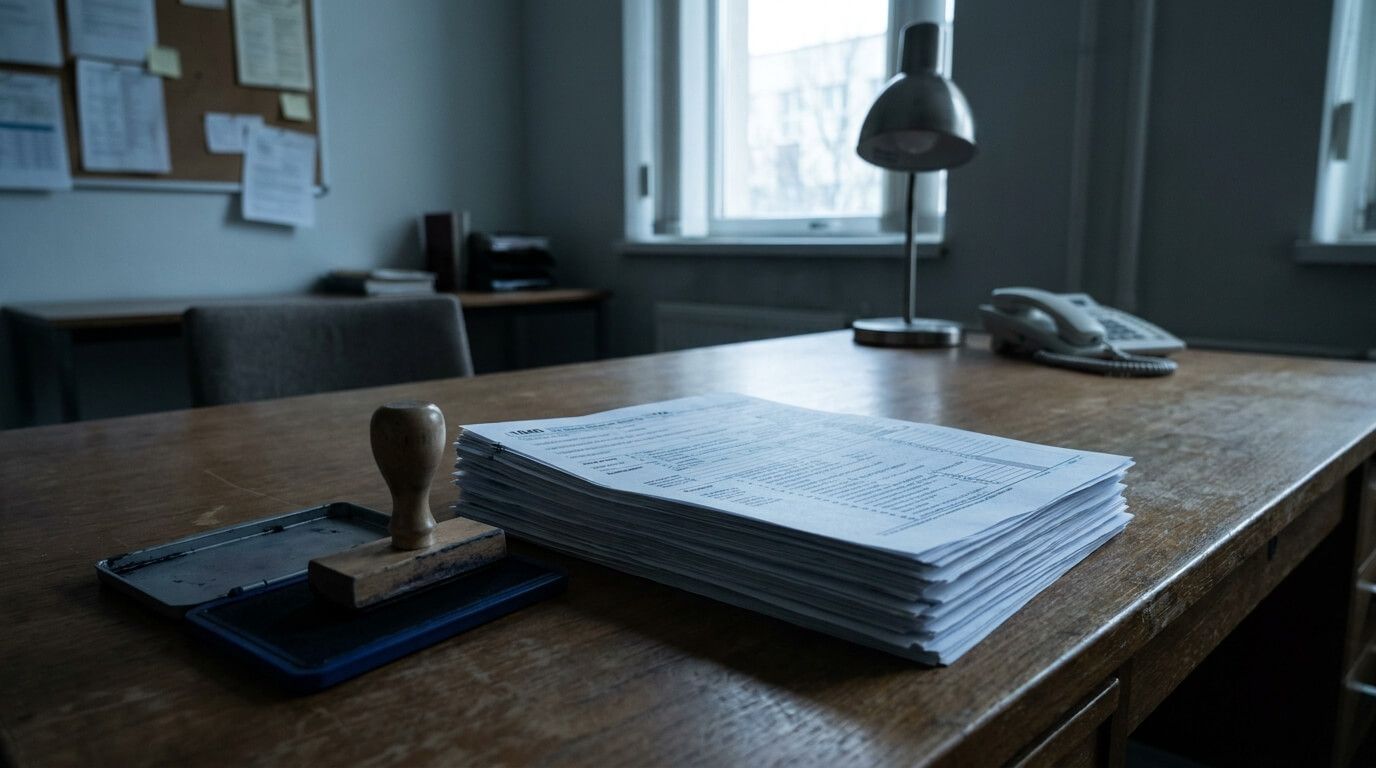 Stapel von Steuerformularen und ein Stempelkissen auf einem Amtsschreibtisch – Symbol für Behördenkommunikation und Finanzamtssanktionen, nüchterne Büroatmosphäre, gedämpftes Licht.
