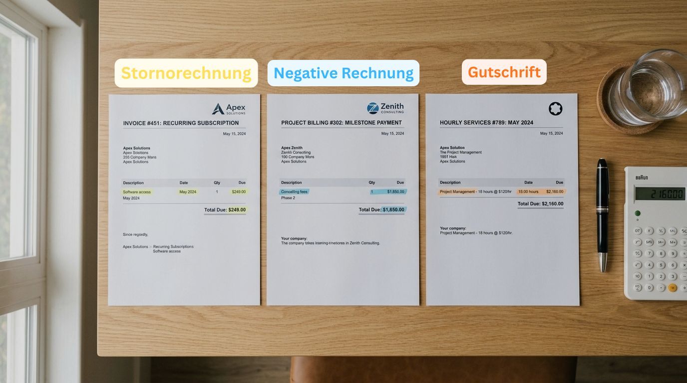 Drei verschiedene Buchhaltungsdokumente nebeneinander auf einem Holzschreibtisch neben Stift, Taschenrechner und Wasserglas.