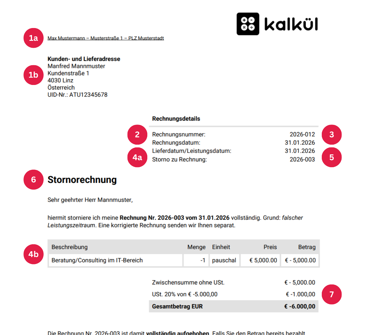 Muster einer Stornorechnung aus Österreich mit markierten Angaben