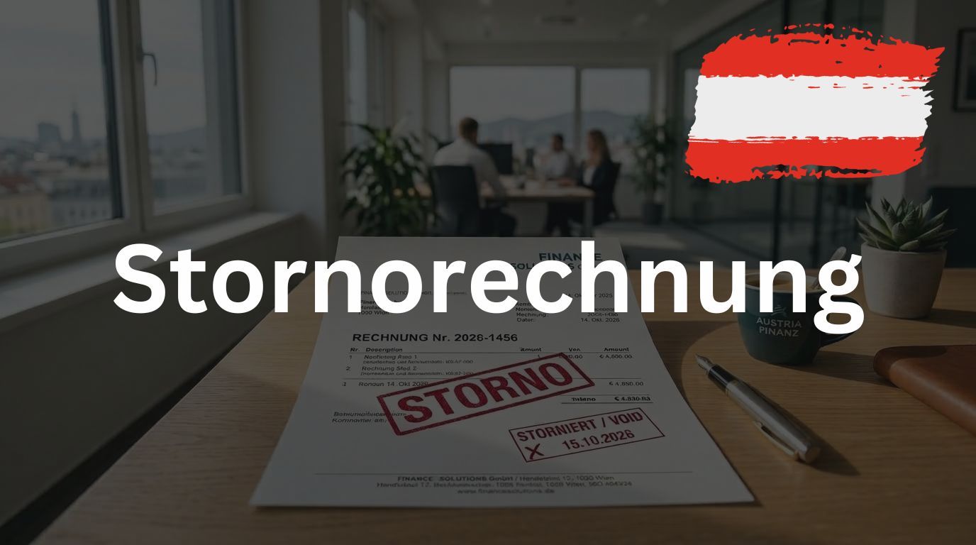 Eine ausgedruckte Rechnung auf einem Schreibtisch mit rotem Storno-Stempel, dem Schriftzug Stornorechnung und der österreichischen Flagge.