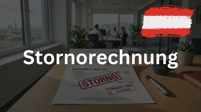 Eine ausgedruckte Rechnung auf einem Schreibtisch mit rotem Storno-Stempel, dem Schriftzug Stornorechnung und der österreichischen Flagge.