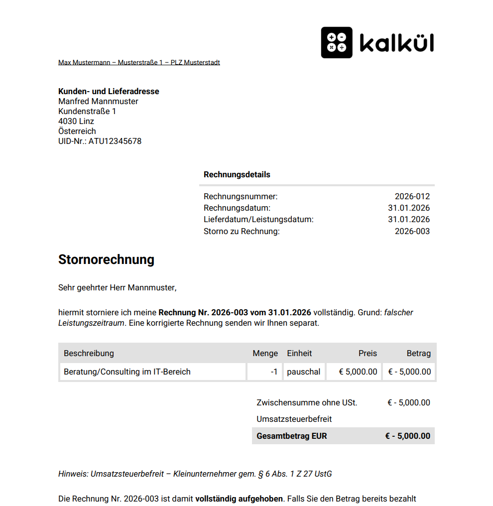 Stornorechnung Vorlage für Kleinunternehmer aus Österreich ohne Umsatzsteuer