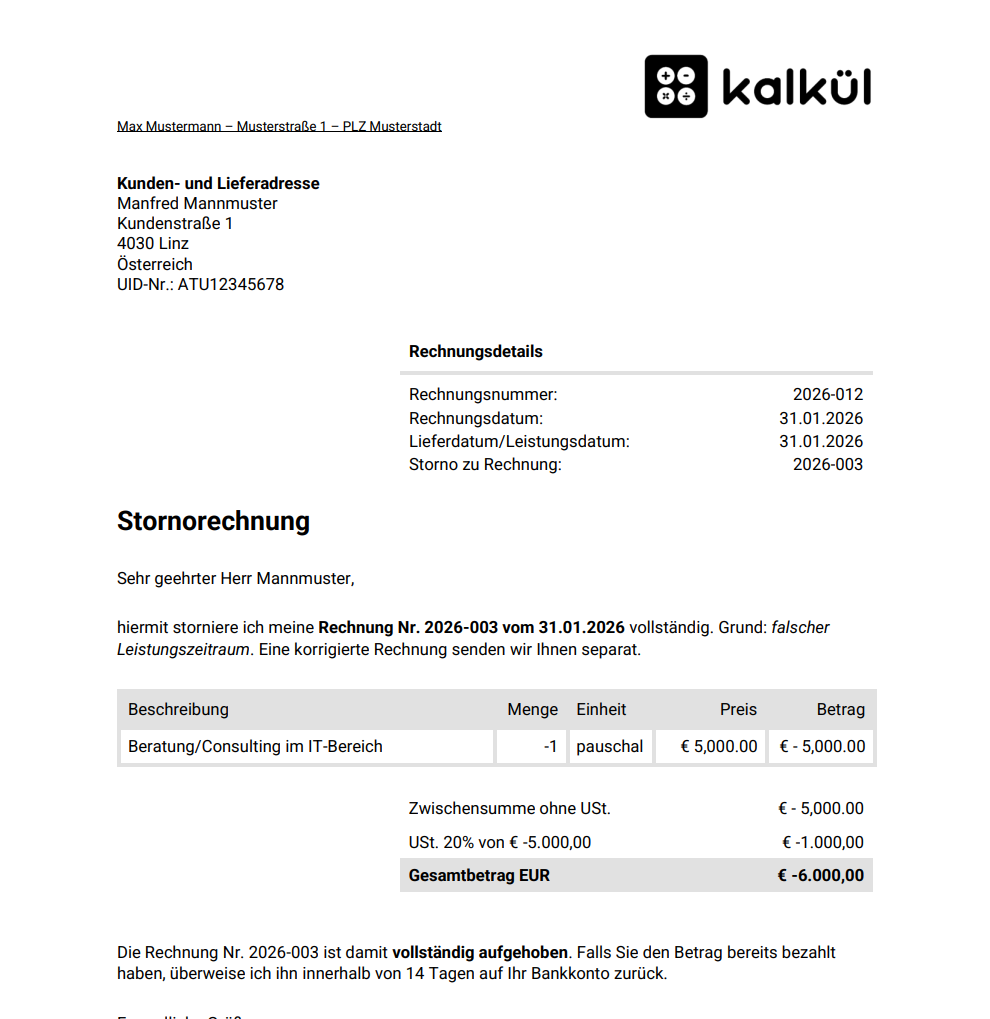 Stornorechnung Vorlage für Einzelunternehmer aus Österreich mit negativen Beträgen und Umsatzsteuer