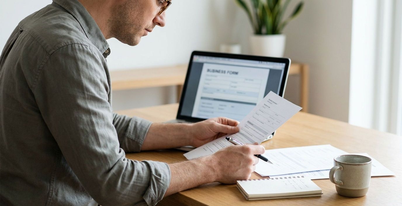 Person prüft UID-Nummer am Laptop mit Dokumenten am Schreibtisch.