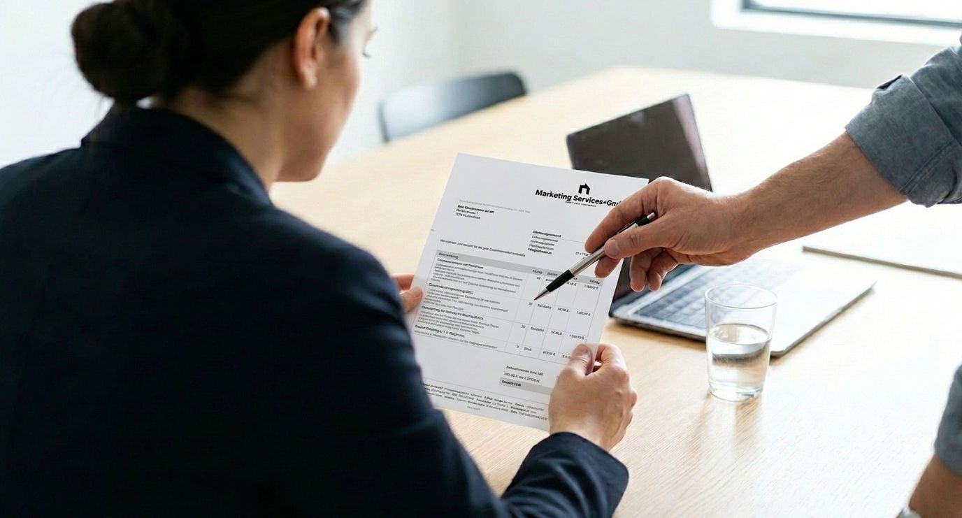 Zwei Personen prüfen gemeinsam eine Rechnung und klären, ob die UID-Nummer bei einem B2B-Geschäft erforderlich ist.