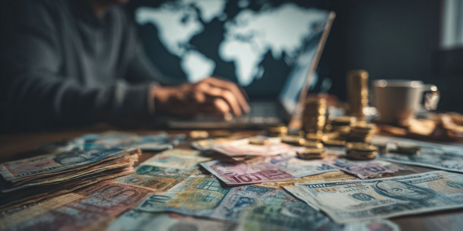 Ambitionierter Unternehmer analysiert Wechselkurse mit internationalen Banknoten und Münzen auf einem Schreibtisch, Laptop zeigt Devisenkurse in modernem Büro.