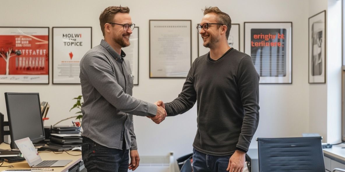 Zwei lächelnde Unternehmer geben sich die Hand in einem schlichten Büro.