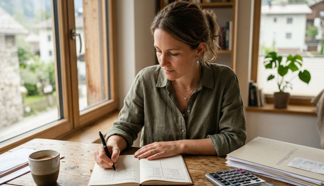 Unternehmer sitzt am Schreibtisch und vergleicht in einem Notizbuch zwei Spalten, umgeben von Steuerunterlagen und Taschenrechner, Symbol für den Vergleich zwischen Investitionsfreibetrag und Gewinnfreibetrag.