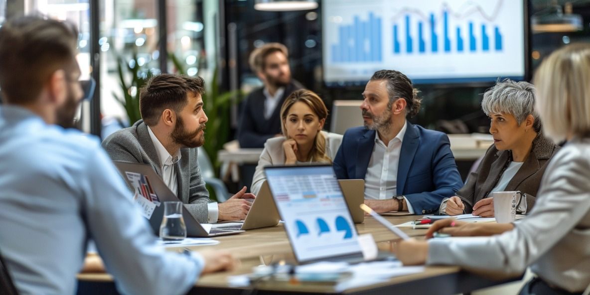 Unternehmer in Business-Kleidung sitzen um einen Tisch in einem modernen Besprechungsraum, diskutieren mit Laptops und Dokumenten.