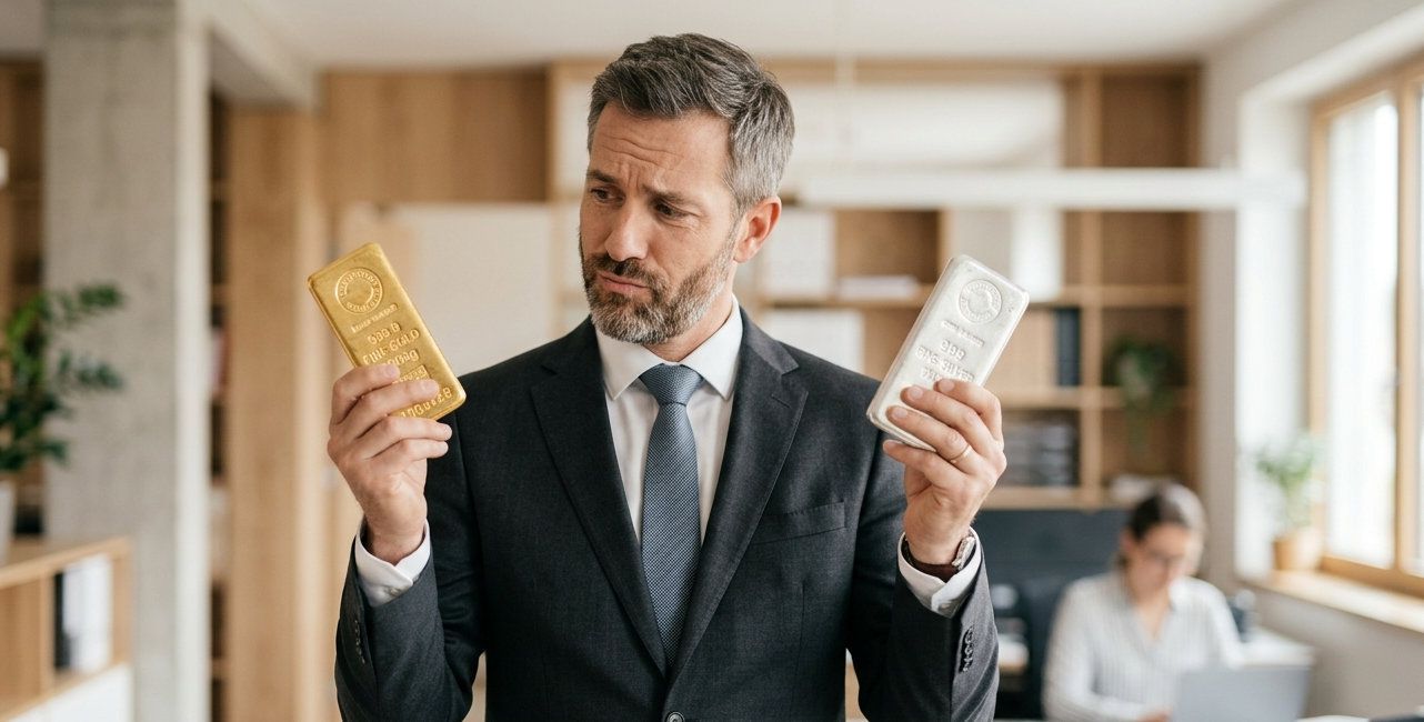 Unternehmer im Anzug wiegt nachdenklich einen Gold- und einen Silberbarren in den Händen ab, Symbol für das Abwägen zwischen Investitionsfreibetrag und Gewinnfreibetrag.