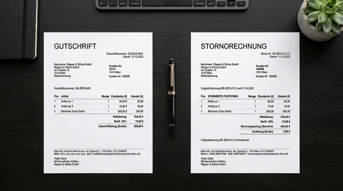 Zwei Geschäftsdokumente nebeneinander auf einem dunklen Schreibtisch: Links eine Gutschrift mit positiven Beträgen, rechts eine Stornorechnung mit negativen Beträgen.
