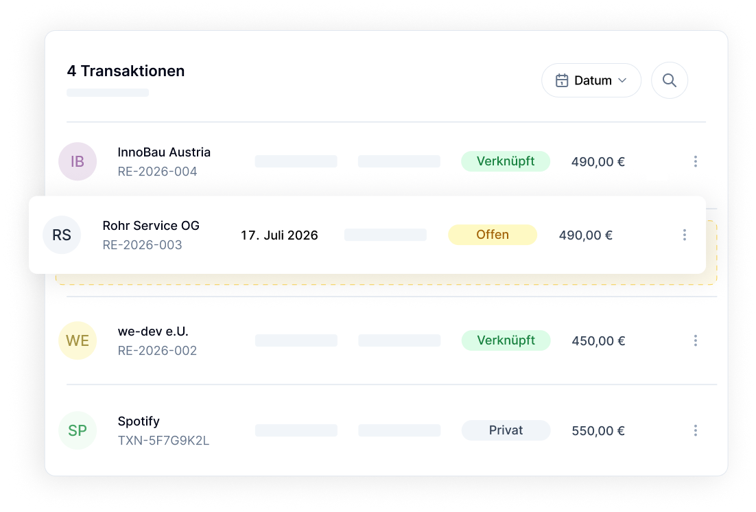 Liste von Transaktionen, welche mit Rechnungen verknüpft sind. Ebenfalls zu sehen ist eine als privat markierte Transaktion sowie eine Transaktion ohne Verknüpfung (offen).