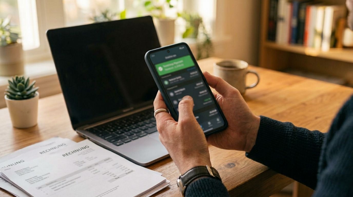 Selbstständiger sieht in der Banking-App am Smartphone den Zahlungseingang für eine Rechnung – bei der Istbesteuerung zählt der Monat, in dem das Geld ankommt.