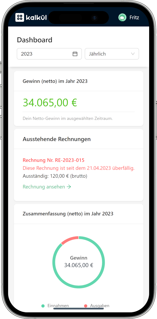 Mobiles Dashboard für das einfache Rechnungsprogramm